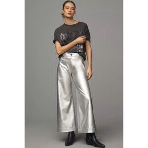 Maeve The Ettie High Rise Crop Wide-Leg Pants Metallic Faux-Leather Size 26